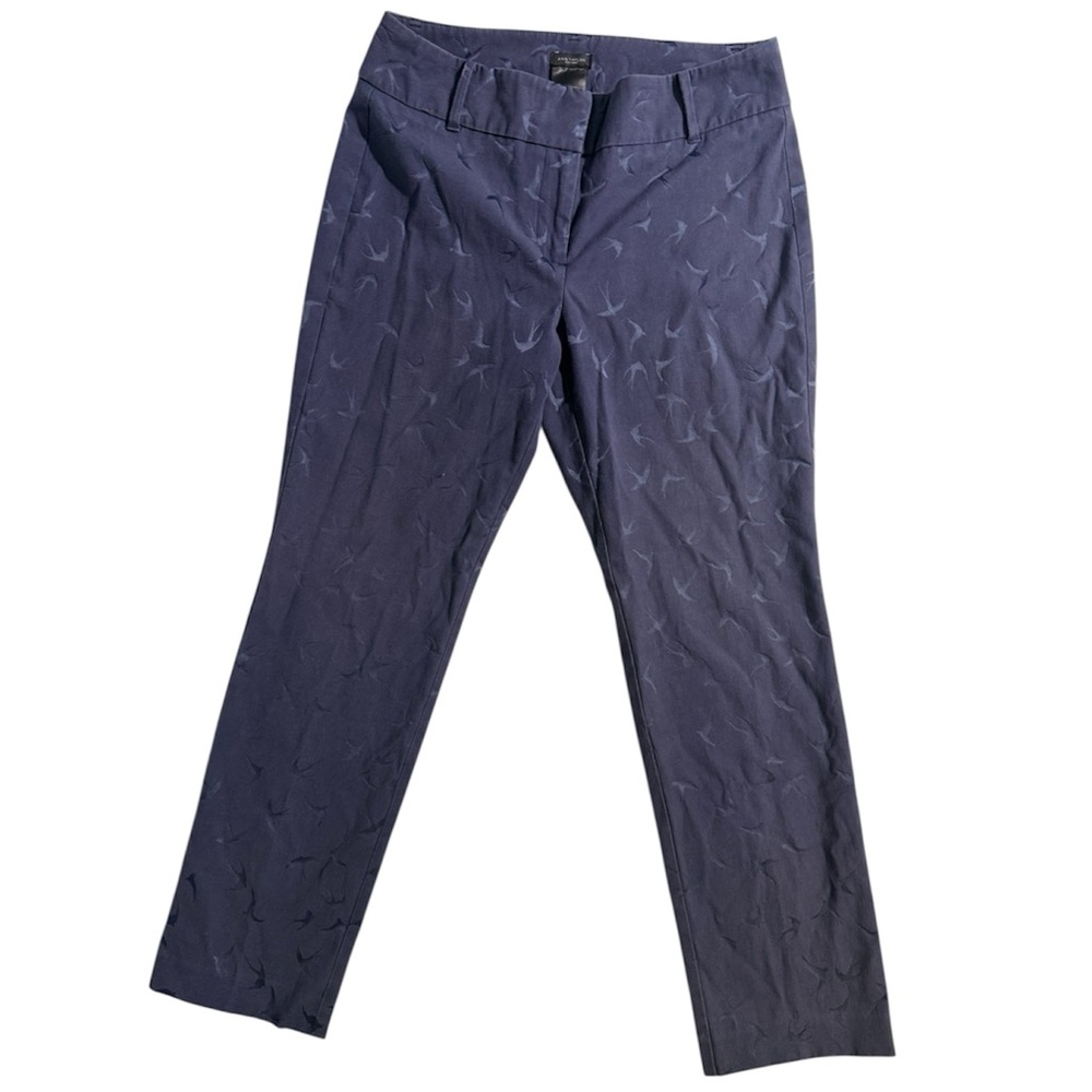 Ann Taylor Factory Signature Bird Print Straight Leg Pants Size 4 Blue Cotton